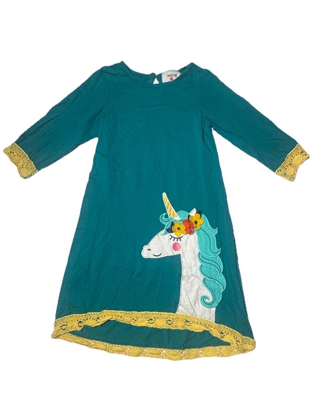 Counting Daisies Girls Size 6 Unicorn Dress Teal Lace Trim 3/4 Sleeve